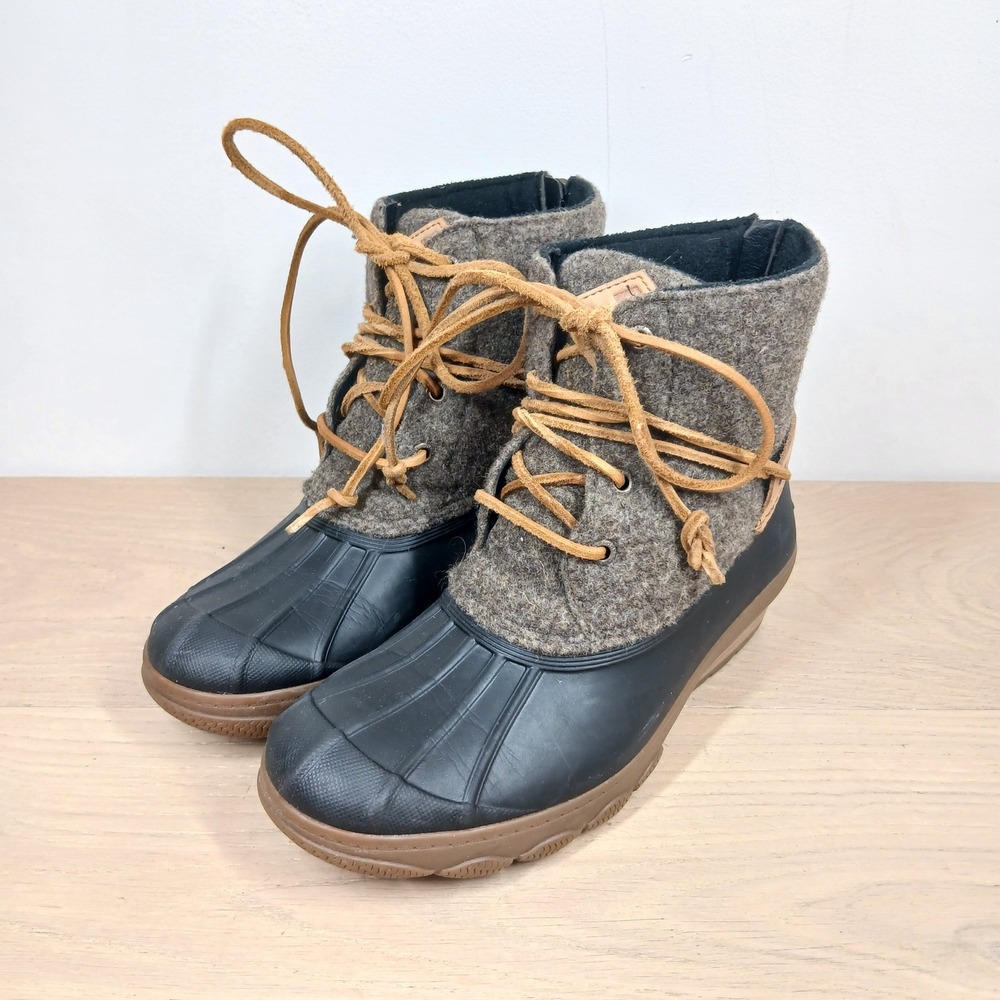 Sperry Duck Boots Women 6.5 Gray Wool Rubber Lace Up Ankle Outdoor Winter